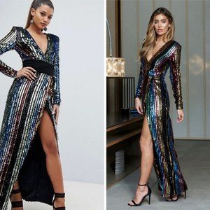 Club L London Stripe Sequin Wrap Maxi Dress